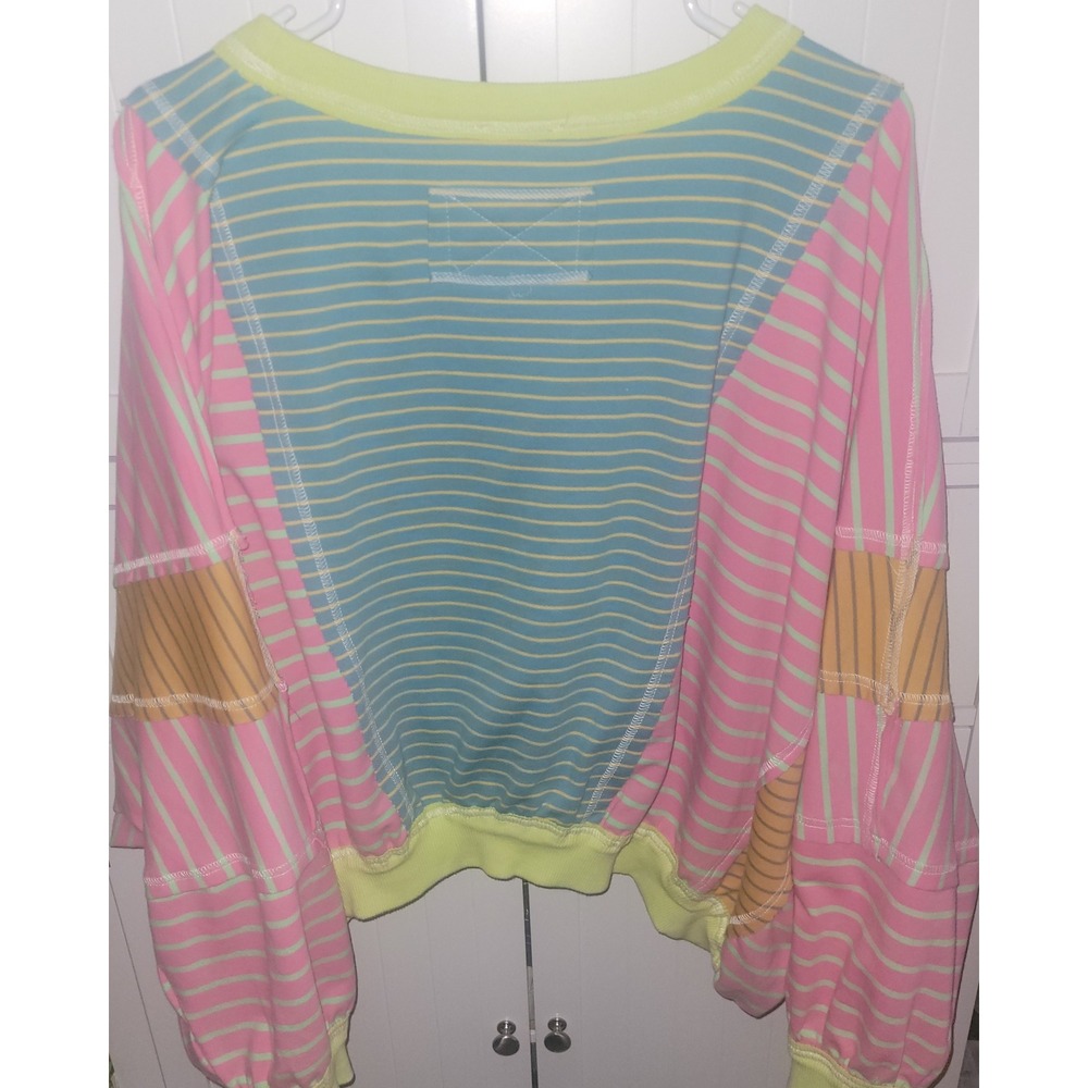BiBi Striped Patchwork Pullover Sweatshirt Neon Green Pink Teal Oversized Small - Picture 8 of 8